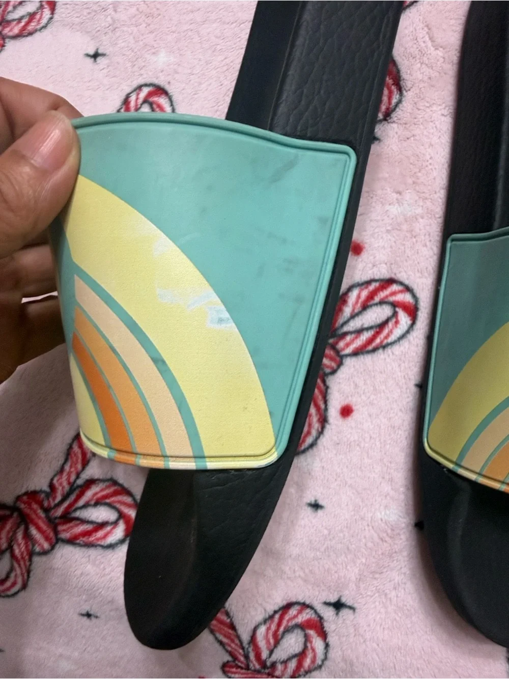 Gucci Black Slides with Yellow and Teal Double G Strap